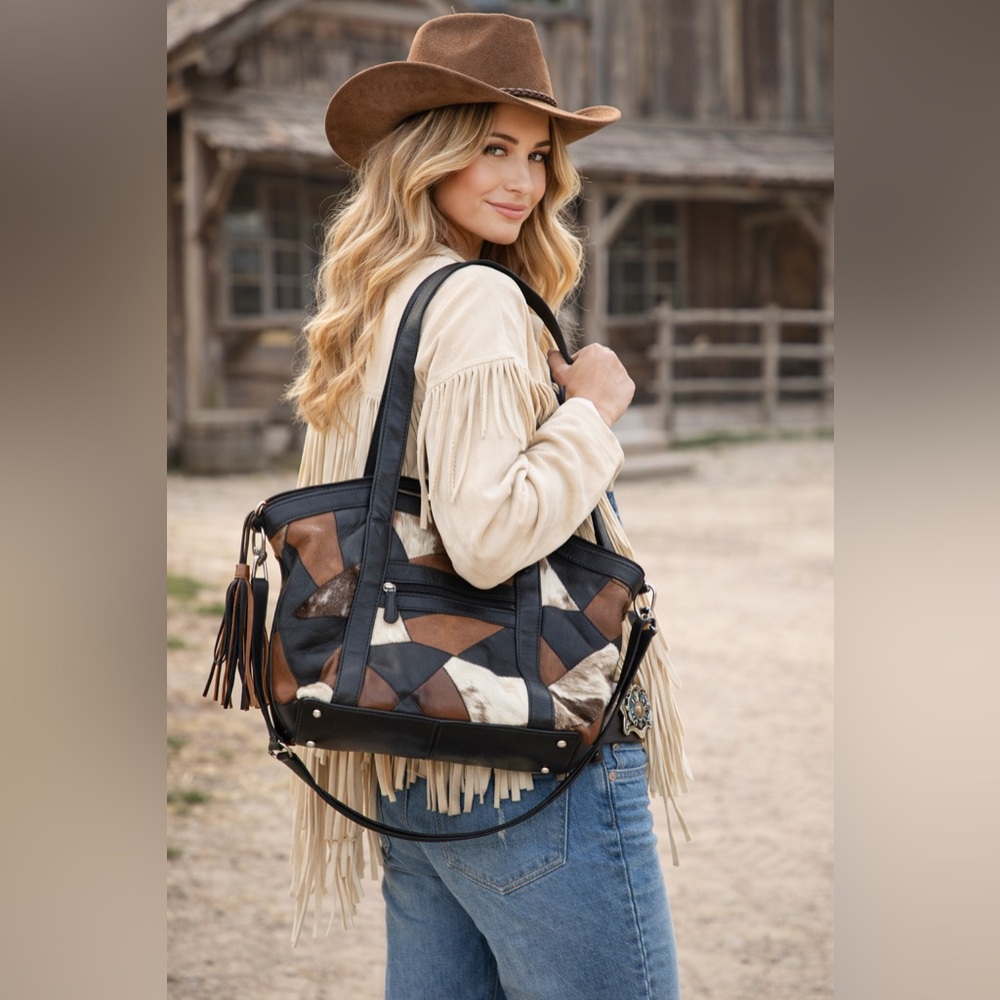Leather Patchwork Cowhide Satchel Bag Tassel Cros… - image 1
